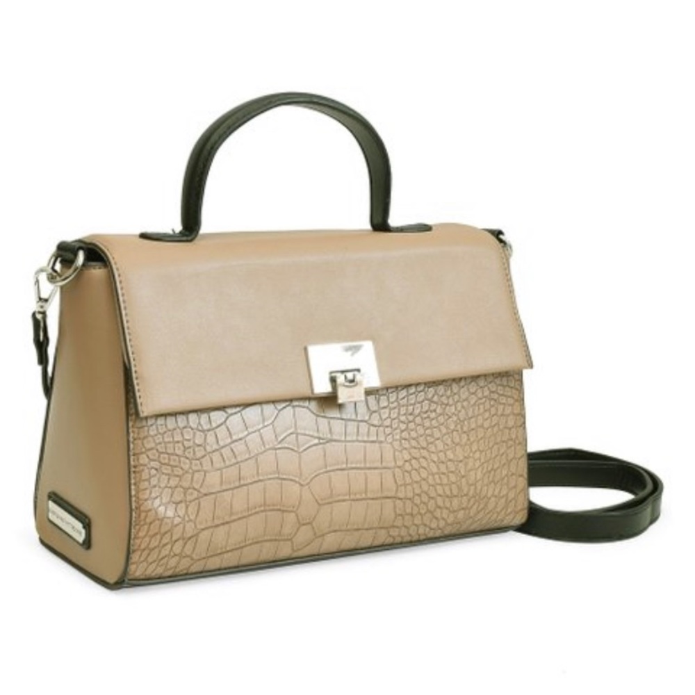 Taupe Croc-Embossed Flap Crossbody Bag